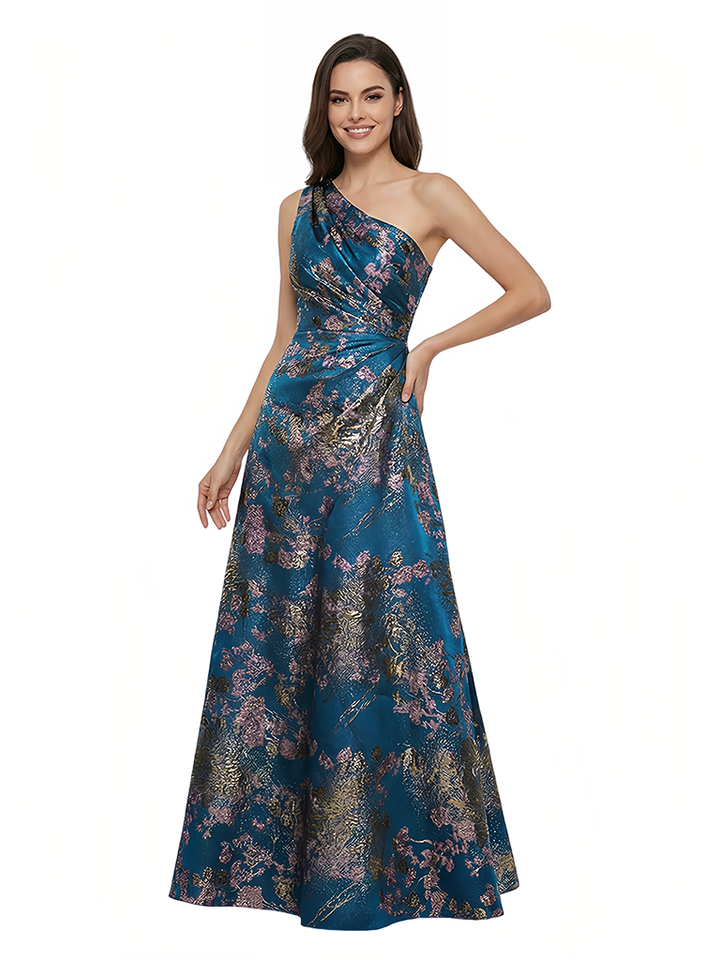 Pretty Floral One Shoulder A-Line Long Formal Evening Dresses