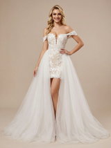 Unique Off Shoulder Sheath Lace Mini Wedding Dress Wedding Gowns With Detachable Skirt