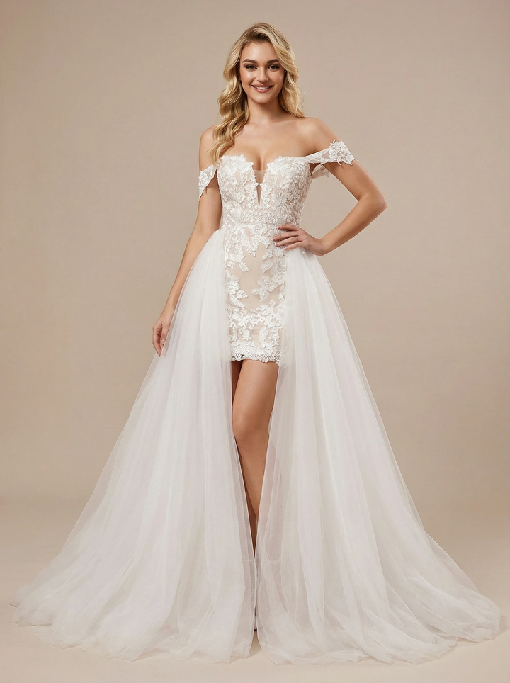 Unique Off Shoulder Sheath Lace Mini Wedding Dress Wedding Gowns With Detachable Skirt