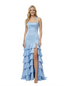 Charming Halter Boning Tiered Ruffles Satin Mermaid Chiffon Prom Dress