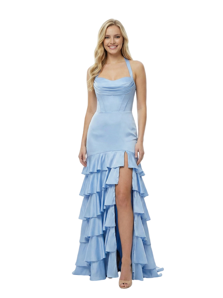 Stunning Corset Halter Side Slit Satin Prom Gown Unique A-Line Long Dress