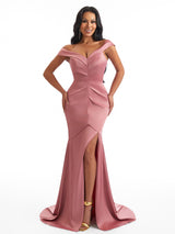 Sexy Off The Shoulder Mermaid Side Slit Soft Satin Unique Long Bridesmaid Dresses Online