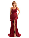 Sexy Side Slit V-neck Mermaid Silky Satin Unique Long Evening Dresses For Weddings