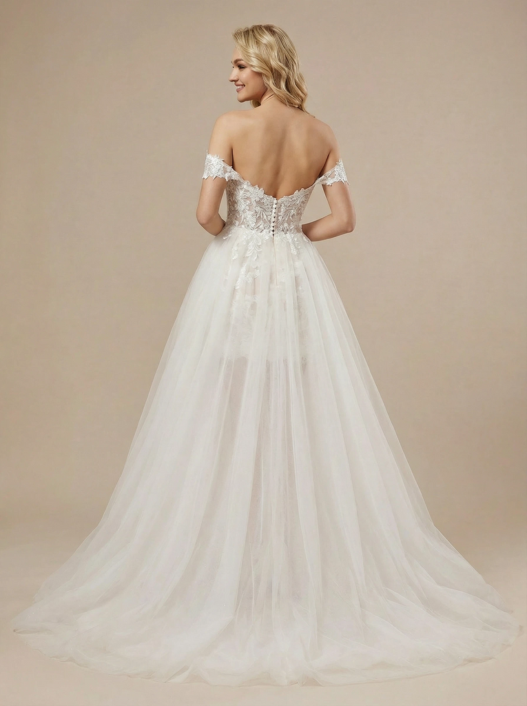 Unique Off Shoulder Sheath Lace Mini Wedding Dress Wedding Gowns With Train