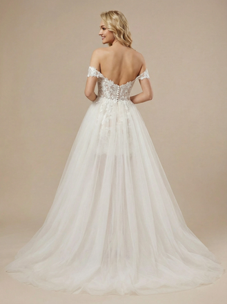 Unique Off Shoulder Sheath Lace Mini Wedding Dress Wedding Gowns With Train