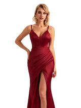 Sexy Side Slit V-neck Mermaid Silky Satin Unique Long Evening Dresses For Weddings