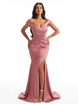 Sexy Off The Shoulder Mermaid Side Slit Soft Satin Unique Long Bridesmaid Dresses Online