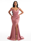 Sexy Off The Shoulder Mermaid Side Slit Soft Satin Unique Long Bridesmaid Dresses Online