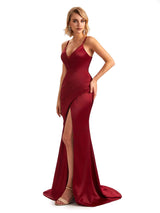 Sexy Side Slit V-neck Mermaid Silky Satin Unique Long Evening Dresses For Weddings