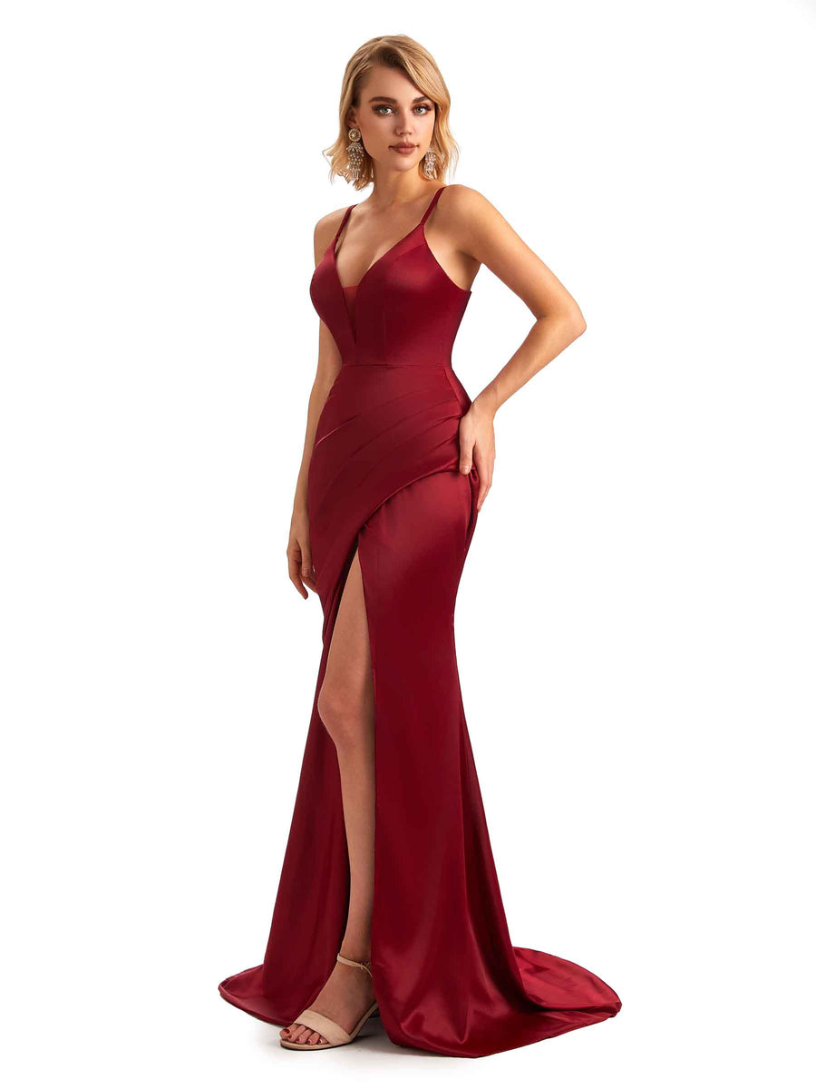 Sexy Side Slit V-neck Mermaid Silky Satin Unique Long Evening Dresses For Weddings