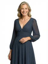 Stunning Deep V-Neck Long Lantern Sleeves A-Line Mother of The Bride Gown