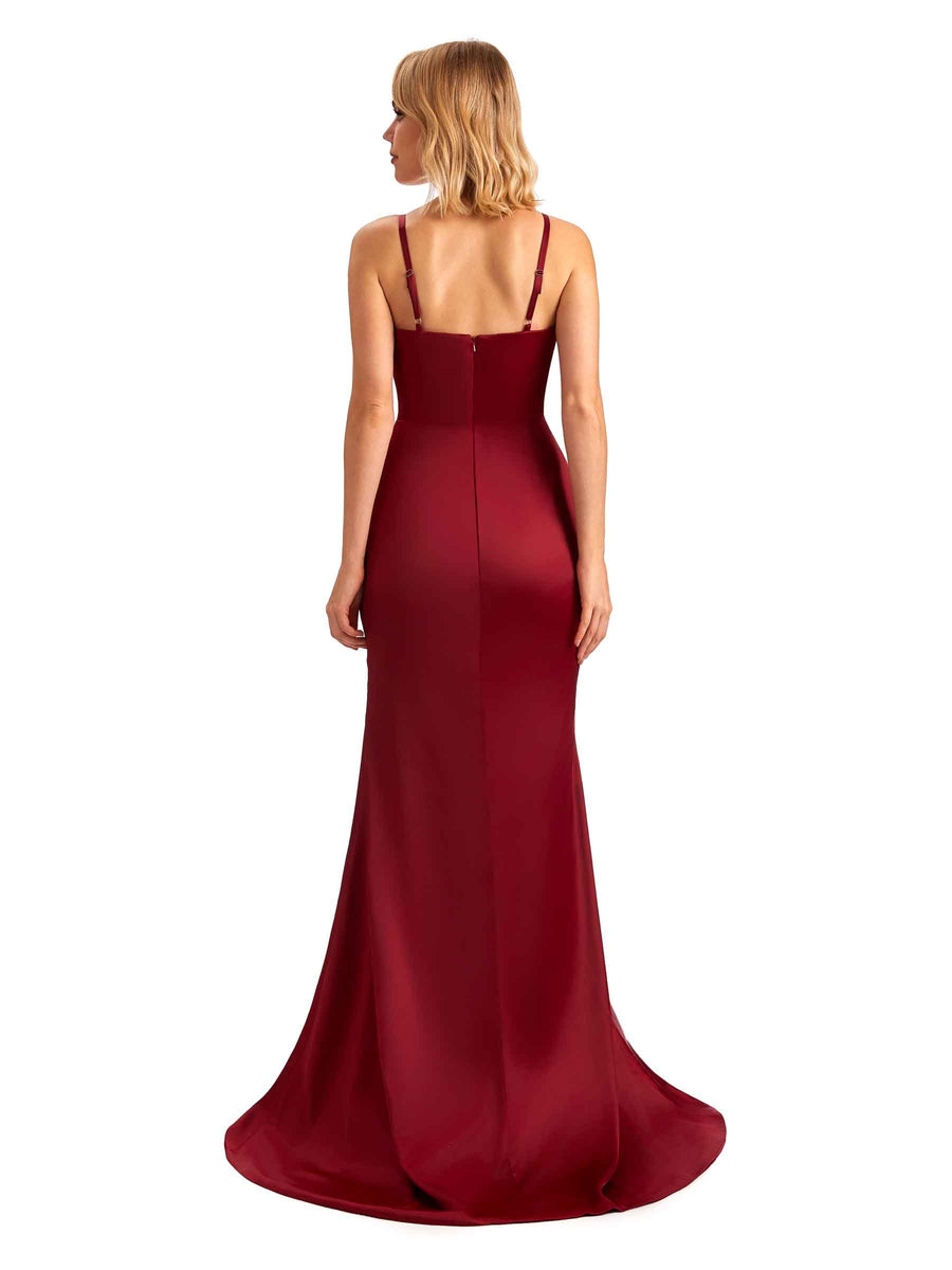 Sexy Side Slit V-neck Mermaid Silky Satin Unique Long Evening Dresses For Weddings