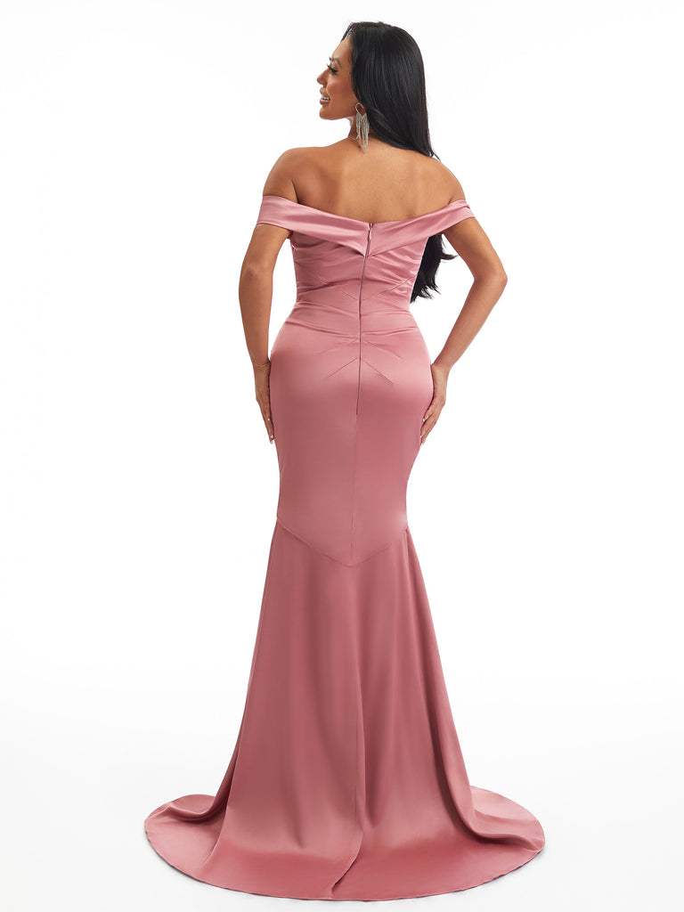 Sexy Off The Shoulder Mermaid Side Slit Soft Satin Unique Long Bridesmaid Dresses Online