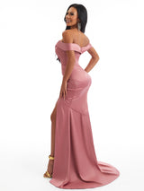 Sexy Off The Shoulder Mermaid Side Slit Soft Satin Unique Long Bridesmaid Dresses Online