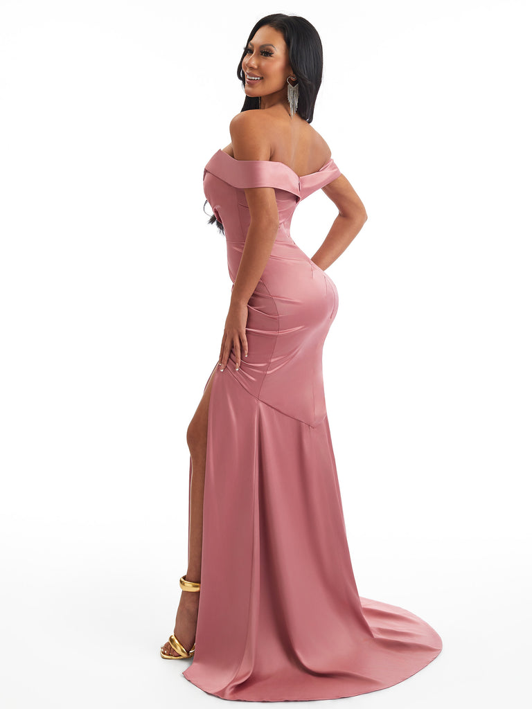 Sexy Off The Shoulder Mermaid Side Slit Soft Satin Unique Long Bridesmaid Dresses Online