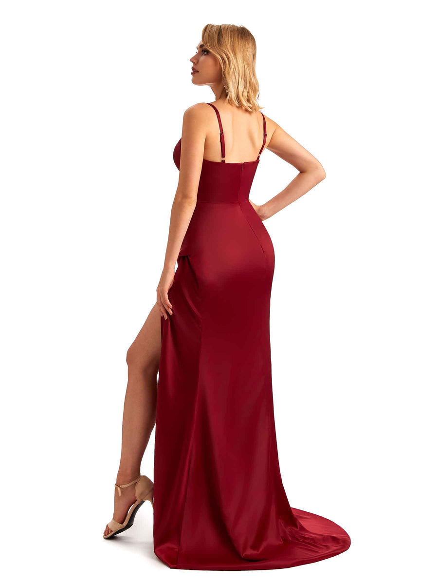 Sexy Side Slit V-neck Mermaid Silky Satin Unique Long Evening Dresses For Weddings