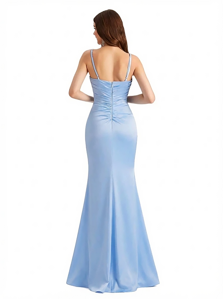 Elegant Spaghetti Straps Silky Satin Mermaid Maxi Evening Gown Dresses For Women