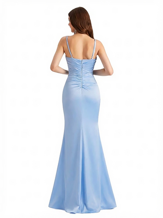 Elegant Spaghetti Straps Silky Satin Mermaid Maxi Evening Gown Dresses For Women