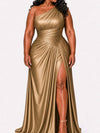 ChicSew Elegant One Shoulder Ruched Side Slit Mermaid Soft Satin Long Bridesmaid Dresses