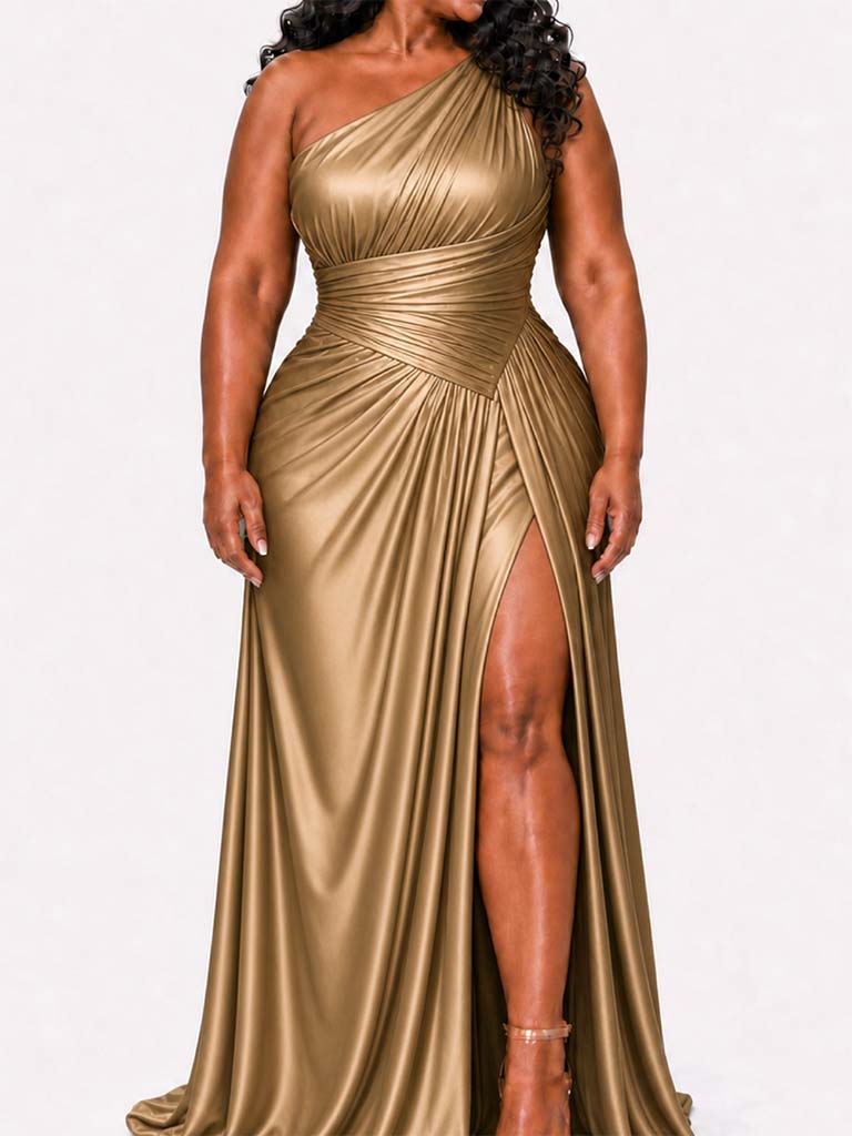 ChicSew Elegant One Shoulder Ruched Side Slit Mermaid Soft Satin Long Bridesmaid Dresses