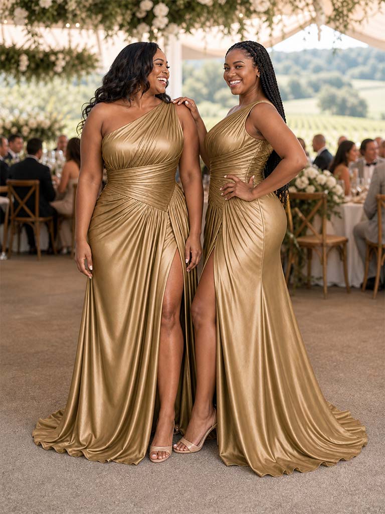ChicSew Elegant One Shoulder Ruched Side Slit Mermaid Soft Satin Long Bridesmaid Dresses