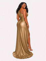 ChicSew Elegant One Shoulder Ruched Side Slit Mermaid Soft Satin Long Bridesmaid Dresses