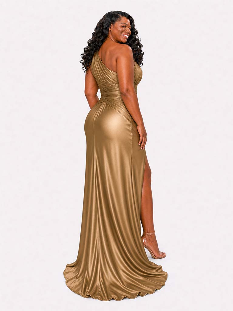 ChicSew Elegant One Shoulder Ruched Side Slit Mermaid Soft Satin Long Bridesmaid Dresses