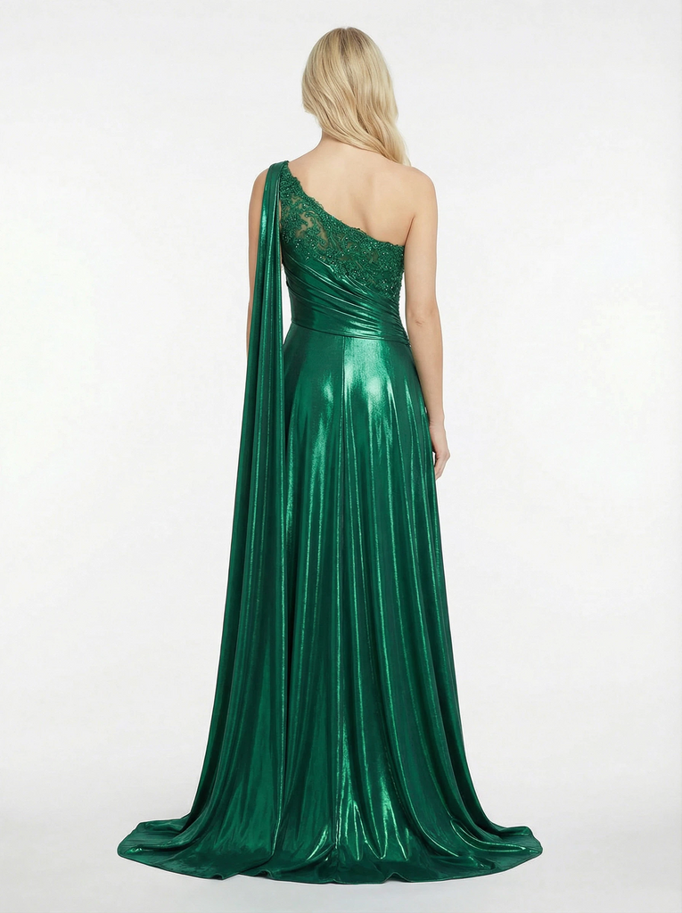 Sparkly Metallic Floor Length One Shoulder Party Prom Dresses