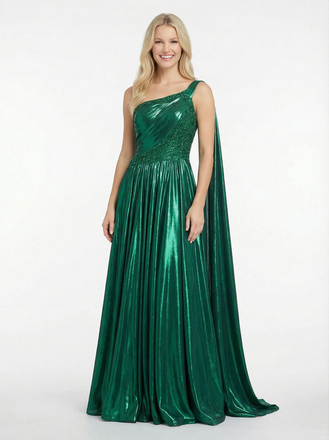 Sparkly Metallic Floor Length One Shoulder Party Prom Dresses