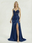 Long Mermaid Satin Lace Beaded Side Slit Party Prom Dresses With Waist Drape
