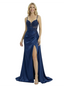 Elegant Sleeveless Spaghetti Strap V-Neck Mermaid Lace Satin Modern Prom Dress Side Drape