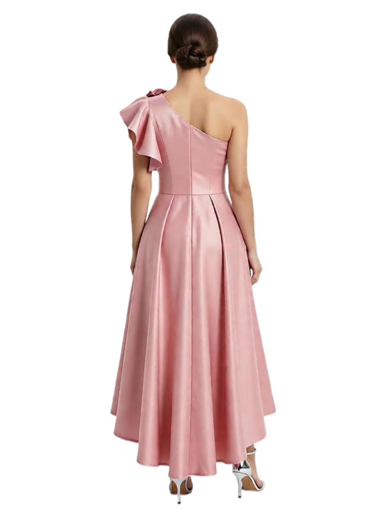 Unique One Shoulder High-Low Satin A-Line Mother Of The Bride Dress Floral Ruffle