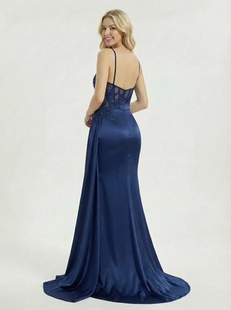 Long Mermaid Satin Lace Beaded Side Slit Party Prom Dresses With Waist Drape