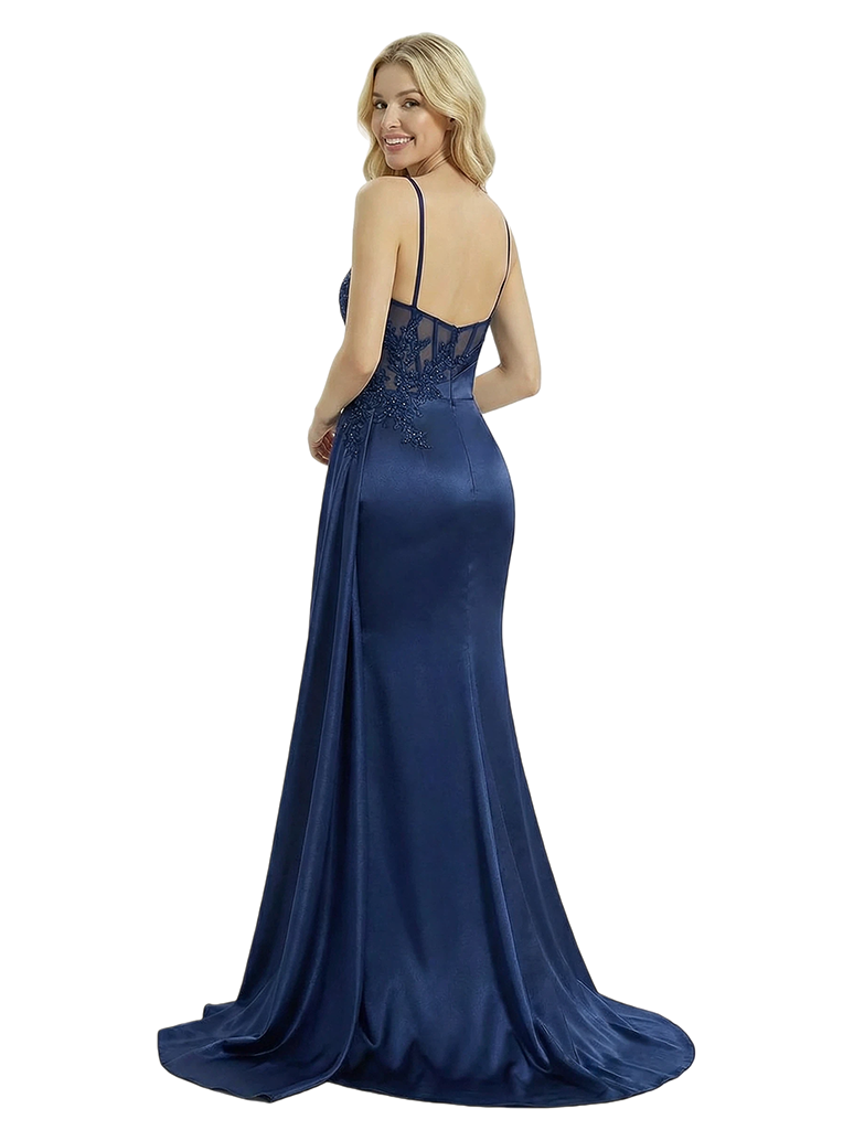 Elegant Sleeveless Spaghetti Strap V-Neck Mermaid Lace Satin Modern Prom Dress Side Drape