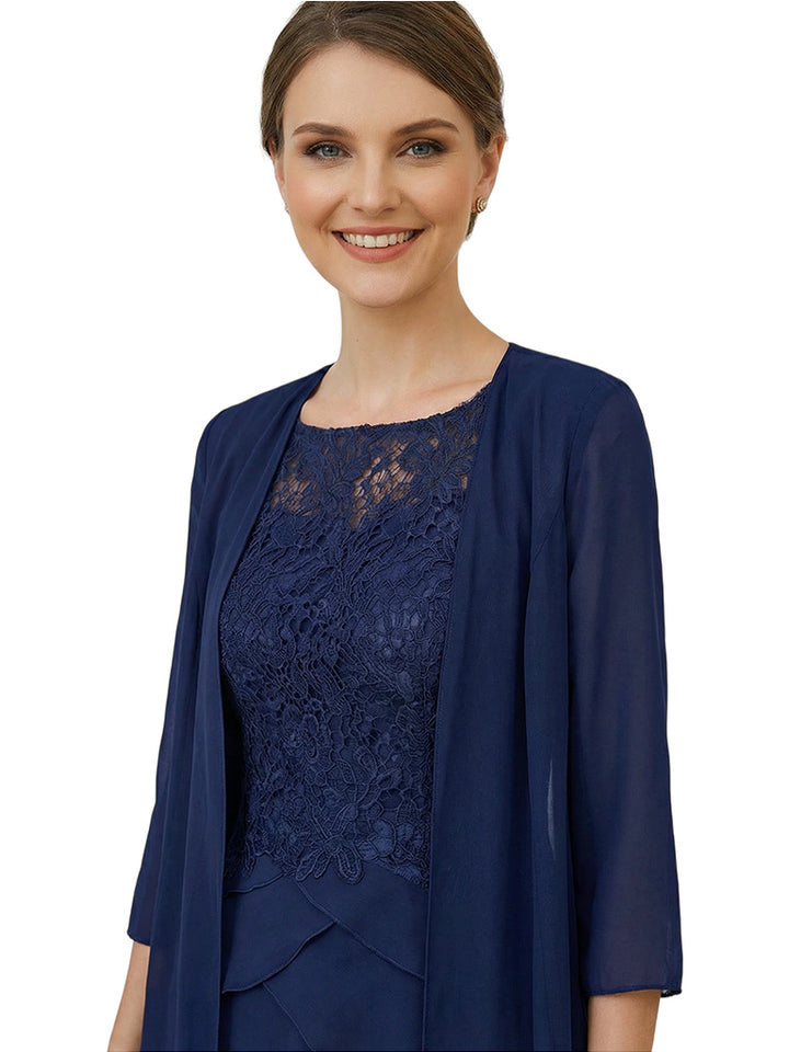 Classy 3/4 Sleeves Tea-Length Chiffon Mother Of The Bride Dress With Jacket