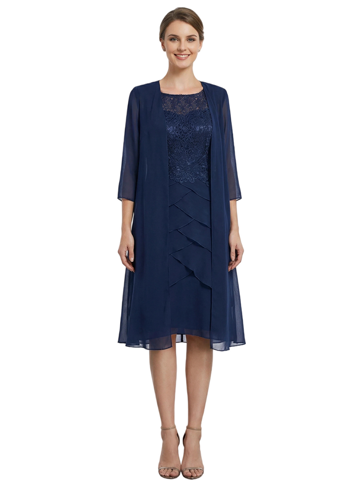 Classy 3/4 Sleeves Tea-Length Chiffon Mother Of The Bride Dress With Jacket