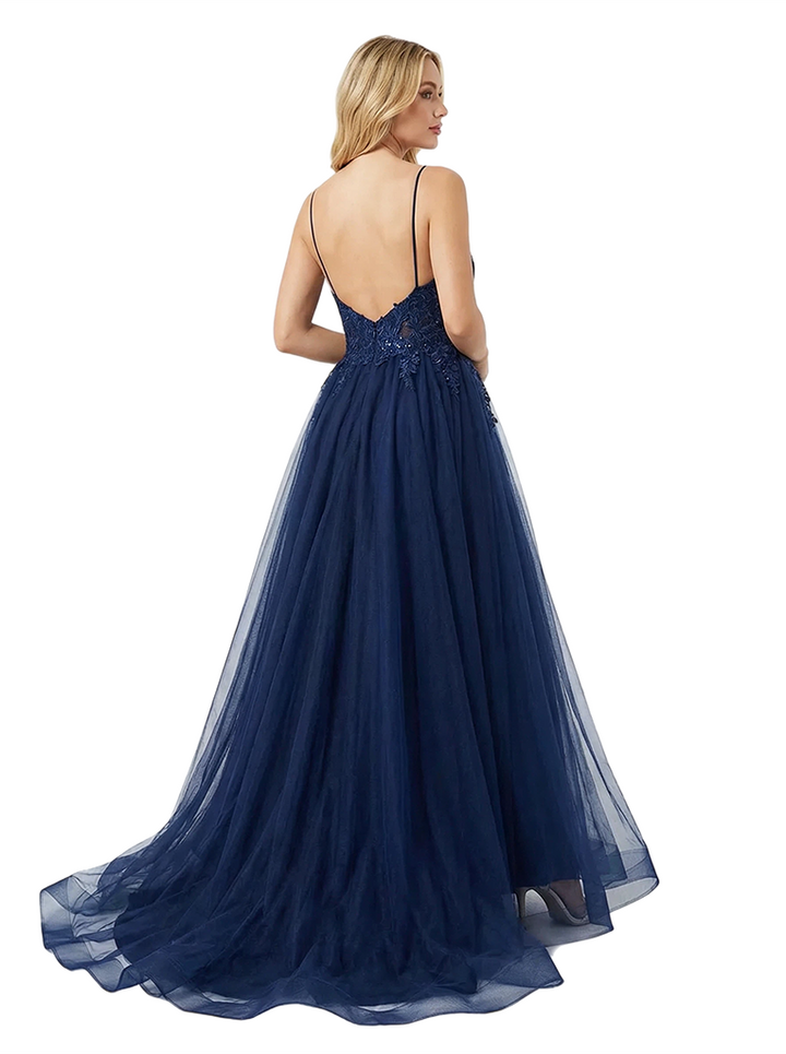Modern Spaghetti Straps A-line Side Slit Lace Party Prom Dresses