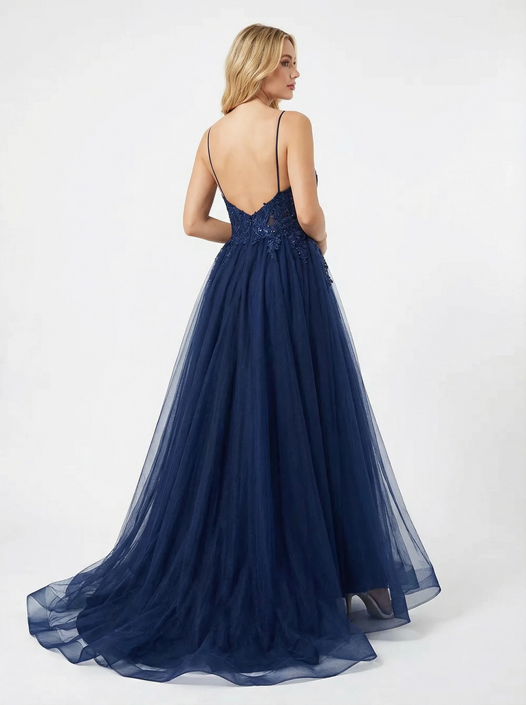 Modern Spaghetti Straps A-line Side Slit Lace Party Prom Dresses