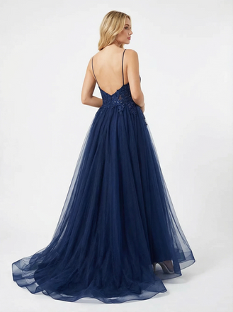 Modern Spaghetti Straps A-line Side Slit Lace Party Prom Dresses