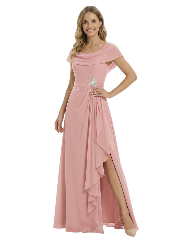 Unique Off Shoulder Ruffles Side Slit Floor-Length Chiffon Mother Of The Bride Dress
