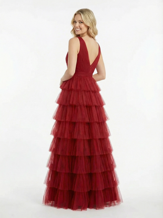 Stunning V-Neck Multi-Layered Ruffle Tulle Prom Dress Fancy Formal Event Gown
