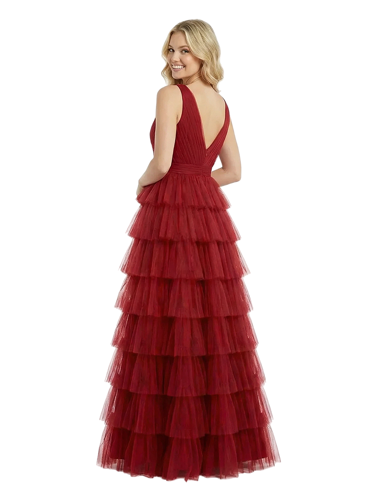 Stunning Ball Gown Prom Dresses V-Neck Multi-Layered Ruffle Tulle Prom Dress Fancy Formal Event Gown