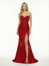Sexy Strapless Beaded Corset Prom Dress Ruched Satin Mermaid Gown with High Slit