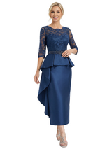 Chicsew Graceful Scalloped Lace 3/4 Sleeves Satin Mother Of The Bride Dress With Illusion Lace Bodice