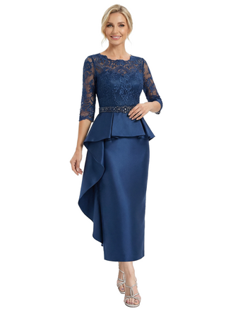 Chicsew Graceful Scalloped Lace 3/4 Sleeves Satin Mother Of The Bride Dress With Illusion Lace Bodice