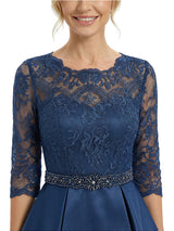 Chicsew Graceful Scalloped Lace 3/4 Sleeves Satin Mother Of The Bride Dress With Illusion Lace Bodice