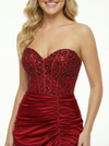 Sexy Strapless Beaded Corset Prom Dress Ruched Satin Mermaid Gown with High Slit