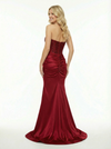 Sexy Strapless Beaded Corset Prom Dress Ruched Satin Mermaid Gown with High Slit