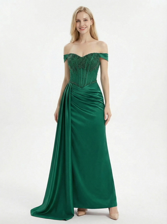 Sexy Off Shoulder Beaded Corset Prom Dress Ruched Satin Mermaid Gown with High Slit