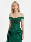 Sexy Off Shoulder Beaded Corset Prom Dress Ruched Satin Mermaid Gown with High Slit